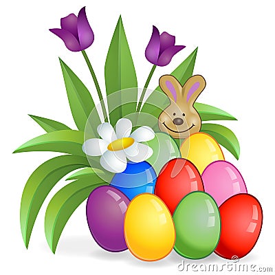 Easter eggs with flower bush and bunny Vector Illustration