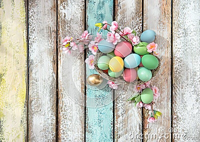 Easter eggs flower decoration Top view Stock Photo
