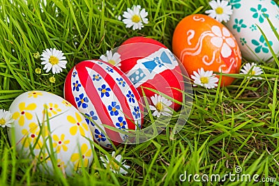 Easter Eggs with flower on Fresh Green Grass beautiful Stock Photo