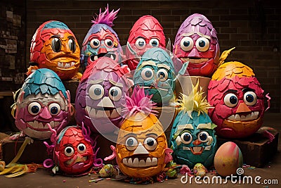 Easter eggs in the form of funny monsters on a dark background Stock Photo