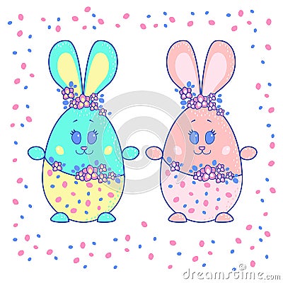 Easter eggs in the form of hares. Boy and girl. Vector Illustration