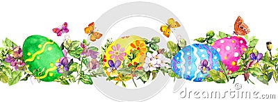 Easter eggs in fresh grass, spring flowers with butterflies. Watercolor horizontal seamless border stripe Stock Photo