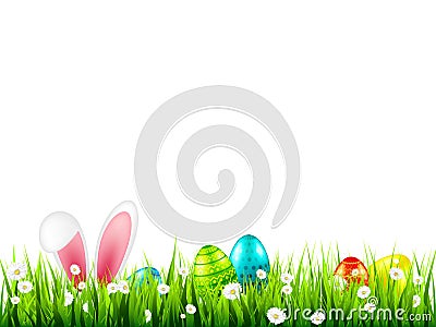 Easter eggs on grass with bunny rabbit ears set. Spring holidays in April. Sunday seasonal celebration with egg hunt. Vector Illustration