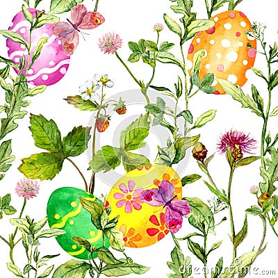 Easter eggs in grass. Seamless pattern with flowers, butterflies. Watercolor Stock Photo