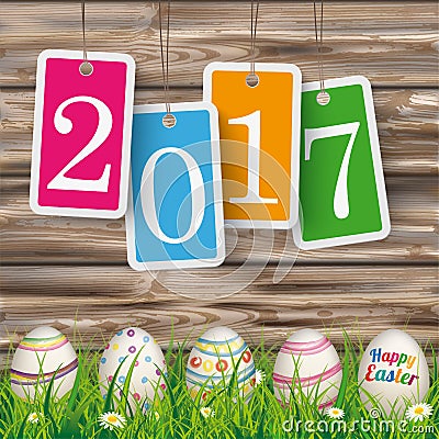 Easter Eggs Grass Worn Wood Price Stickers 2017 Vector Illustration