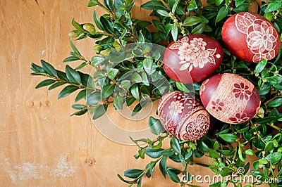 Easter eggs at green boxwood Stock Photo