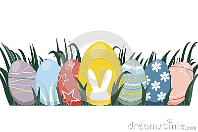 Easter eggs in green grass. Coloured eggs including Bunny. Vector Illustration