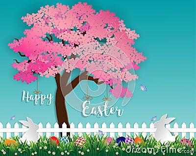 Easter eggs on green grass in the garden with white rabbits,little daisy and butterfly under sakura tree on soft blue background Vector Illustration