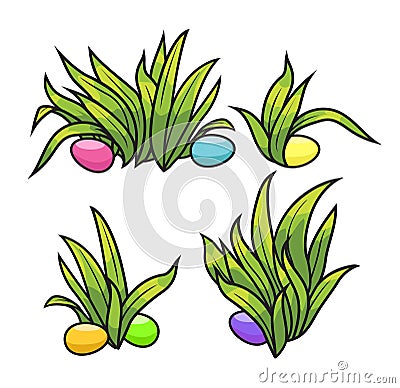 Easter eggs on the green grass. Seasonal holidays in April. Vector Illustration