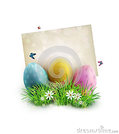 Easter eggs in green grass with white flowers, butterflies, vintage card Vector Illustration