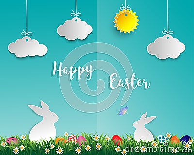 Easter eggs on green grass with white rabbit,little daisy,butterfly,cloud and sun on soft blue background,paper art style Vector Illustration