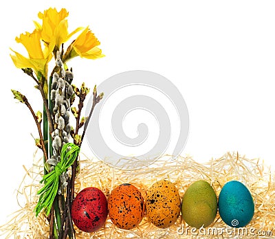 Easter eggs hand painted with a bouquet of flowers daffodils, ca Stock Photo