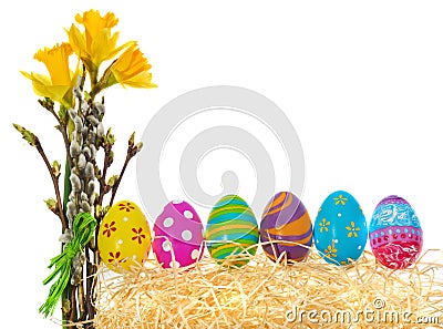 Easter eggs hand painted with a bouquet of flowers daffodils, ca Stock Photo