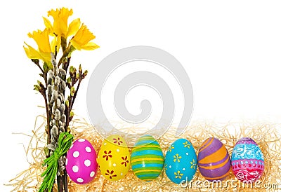 Easter eggs hand painted with a bouquet of flowers daffodils, ca Stock Photo