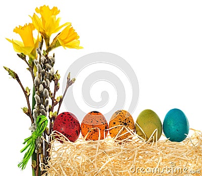 Easter eggs hand painted with a bouquet of flowers daffodils, ca Stock Photo