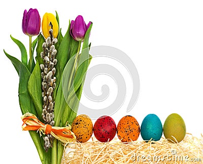 Easter eggs hand painted with a bouquet of flowers tulips, catkins. Stock Photo