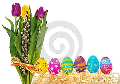 Easter eggs hand painted with a bouquet of flowers tulips, catkins. Stock Photo