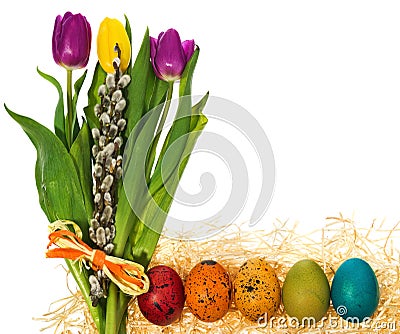 Easter eggs hand painted with a bouquet of flowers tulips, catkins. Stock Photo