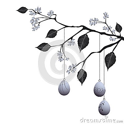 Easter Eggs are hanging on the flowering branch. Vector Illustration