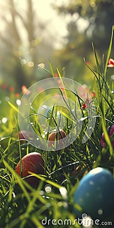 Easter Eggs Hidden Among Spring Flowers Stock Photo