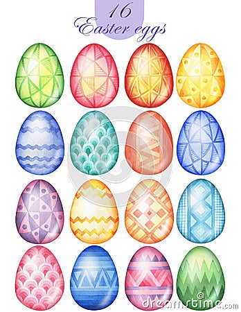 Easter eggs isolated on white background. Watercolor eggs for Easter design greeting cards, invitations, labels, p Stock Photo