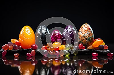 easter eggs with jelly beans and chocolate Stock Photo