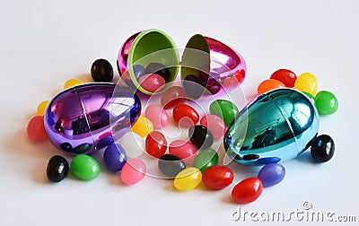 Easter eggs and jelly beans Stock Photo