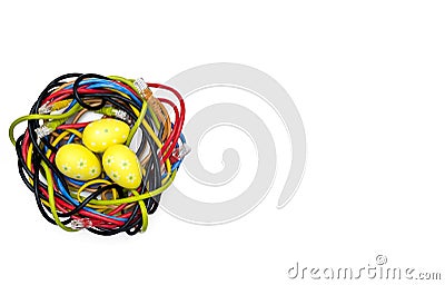Easter eggs and nest of internet cables on white backgound Stock Photo