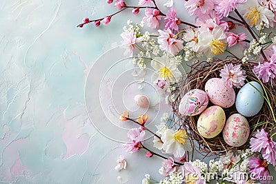Easter eggs nestled in a flowerfilled nest on a table Stock Photo