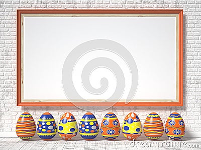 Easter eggs painted and blank picture frame. Easter concept. 3D Cartoon Illustration