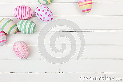 Easter eggs painted in pastel colors on a white Stock Photo