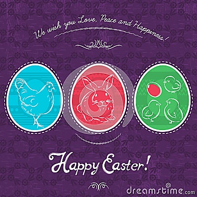 Easter eggs painted with rabbit, hen and chicken. Vector Illustration