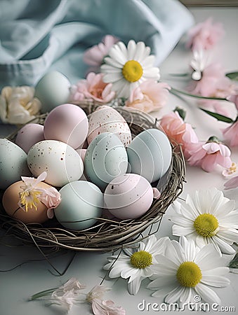 Easter eggs in pastel colors and spring flowers (Generative AI) Stock Photo