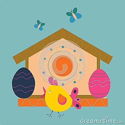 Easter eggs with patterns and a birdhouse with a bird. Color vector illustration Vector Illustration