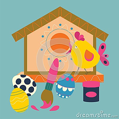 Easter eggs with patterns, a brush with paint for coloring eggs and a birdhouse with a bird Vector Illustration