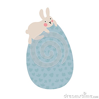 Easter eggs with pictures. A cute little bunny climbed onto a large egg and looks down. Easter or Kid Vector Illustration. Soft Stock Photo