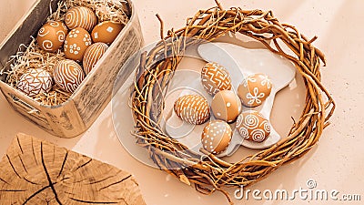 Easter eggs on a plate. Simple rural holiday composition Stock Photo