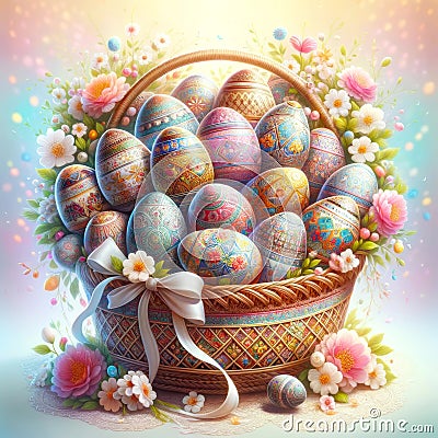 Easter Eggs Pysanka Ukrainian Basket Salvation Sacrifice Crucifixion Jesus Sunday Risen Sunrise AI Generated Stock Photo