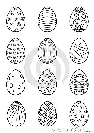 Easter eggs set for coloring book page. Doodle style. Black and white illustration Cartoon Illustration