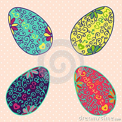 Easter eggs set in doodle style with lettering - Easter. Easter template design, greeting card. Abstract retro colorful shape. Vector Illustration