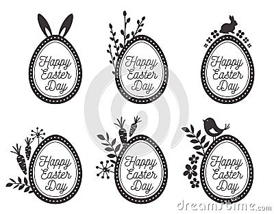 Easter eggs set with rabbit, eggs, birds. Happy easter labels Vector Illustration