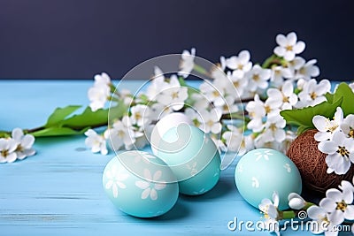 Easter eggs and sprig flowers on blue wooden background. Generative Ai Stock Photo