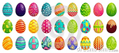 Easter eggs. Spring colorful chocolate egg, cute colored patterns and happy easter decoration cartoon vector set Vector Illustration