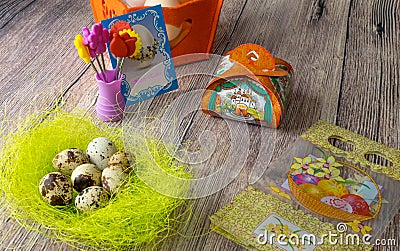 Easter eggs table decoration with pictures and stickers iron-on Stock Photo