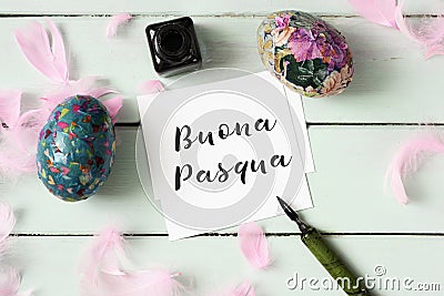 Easter eggs and text happy easter in italian Stock Photo
