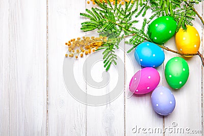 Easter eggs top view branch mimosa spring Stock Photo