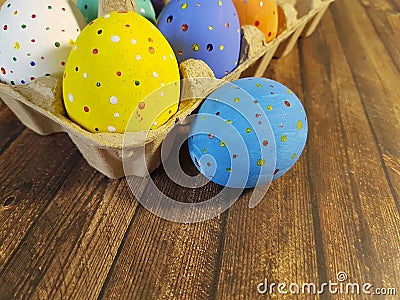 Easter eggs tray wooden container seasonal Stock Photo