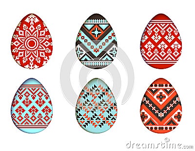 Easter eggs vector set in paper cut style for banner, spring card or background design. isolated pixel tribal ornate Vector Illustration