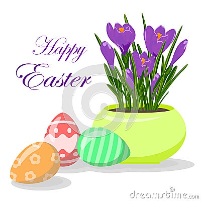 Easter eggs and violet crocuses in yellow flowerpot. Groving up saffron flowers Vector Illustration