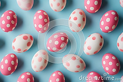 Easter Elegance: Pink and White Egg Pattern on Pastel Blue Background Stock Photo